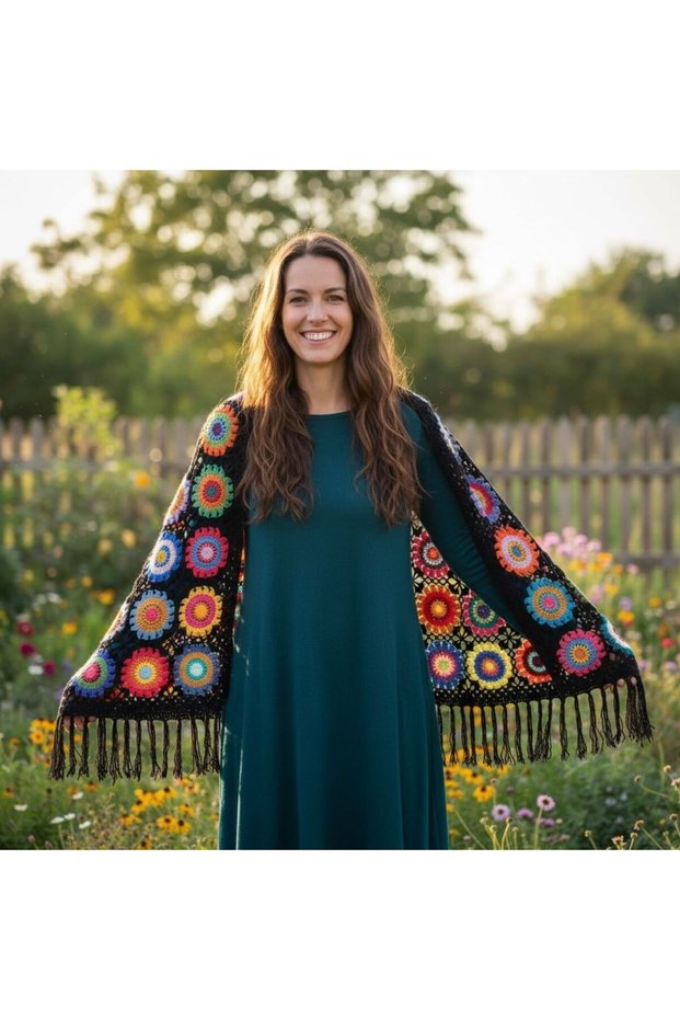Handmade Crochet Granny Square Shawl 175X55 cm Colorful Bohemian Women's Shawl