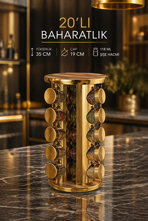 20-Pack Wooden Patterned Gold Round 360 ° Rotating Stand Spice Rack Glass Jar Set 118 ml