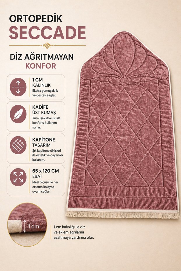 Velvet Quilted Prayer Rug Providing Knee Comfort 65 X 120 cm