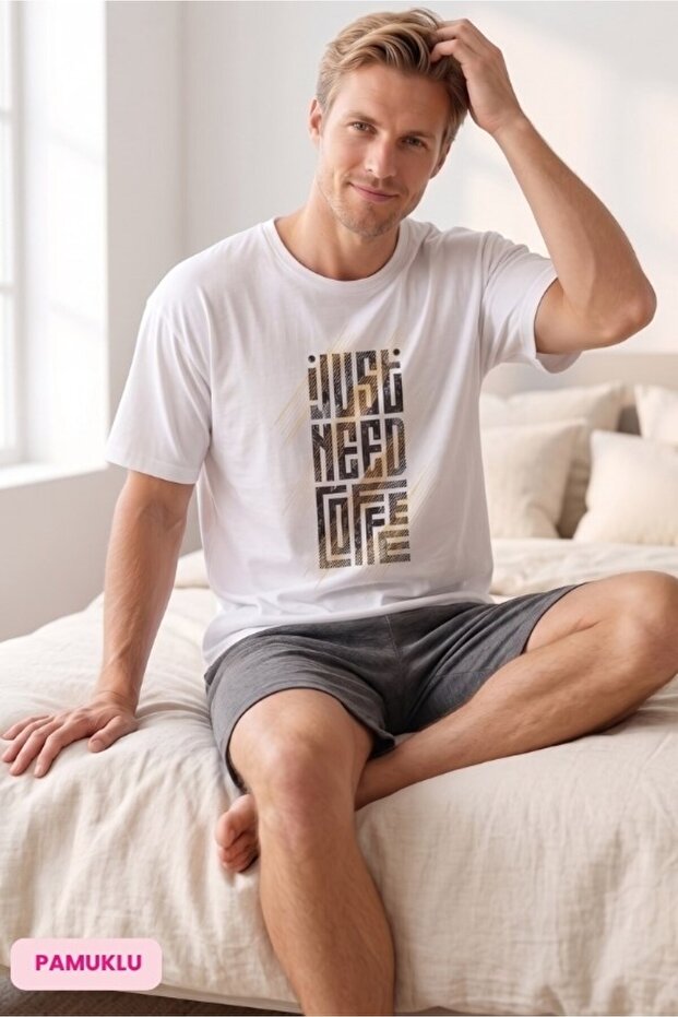 Men's White Patterned Crew Neck Buttonless Cotton Summer Short Sleeve Pocket Shorts Pajama Set