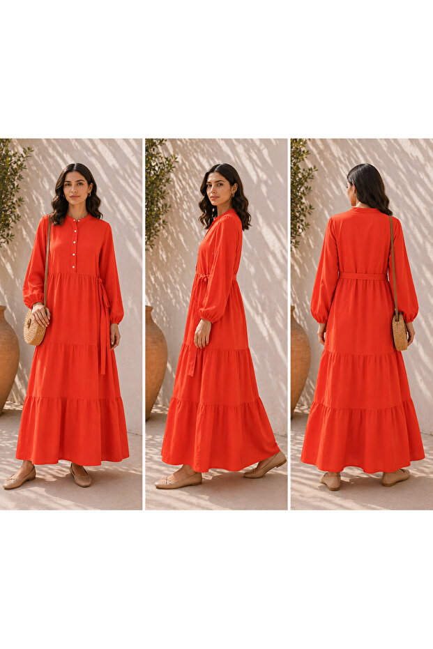 Solid Coral Red A-Line Mandarin Collar Casual Dress