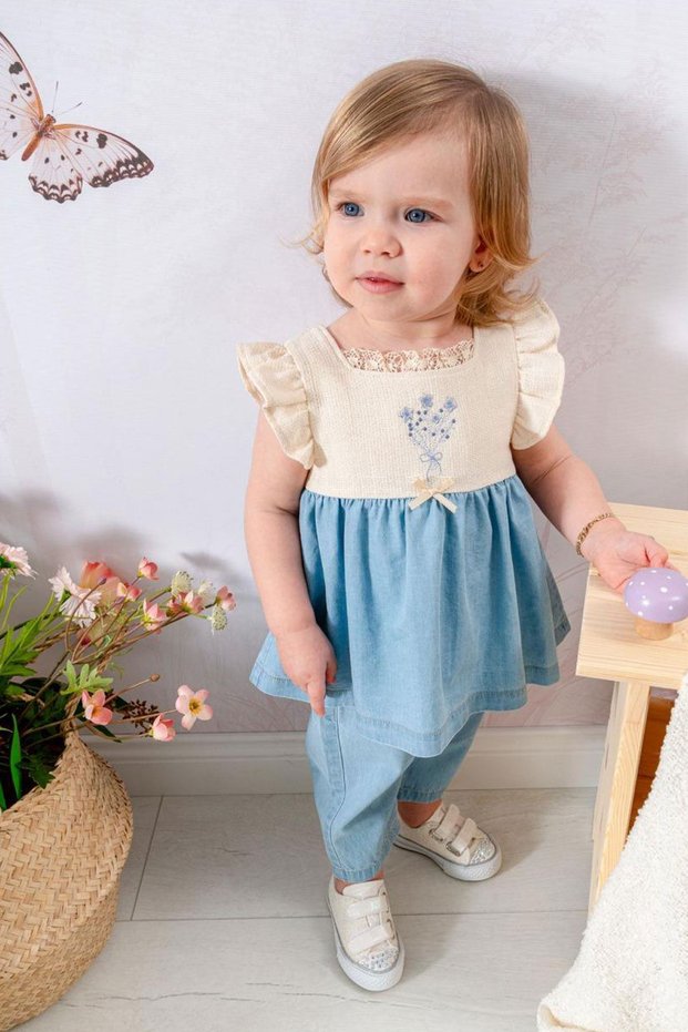 My Little One's Embroidery Detailed Tunic and Pants Baby Girl Set - Blue