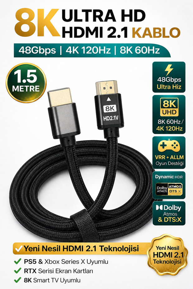 High Quality New Generation 1.5 Meter 8K V2.1 Ultra Hd 48Gbps Television/Monitor/Pc HDMI Cable