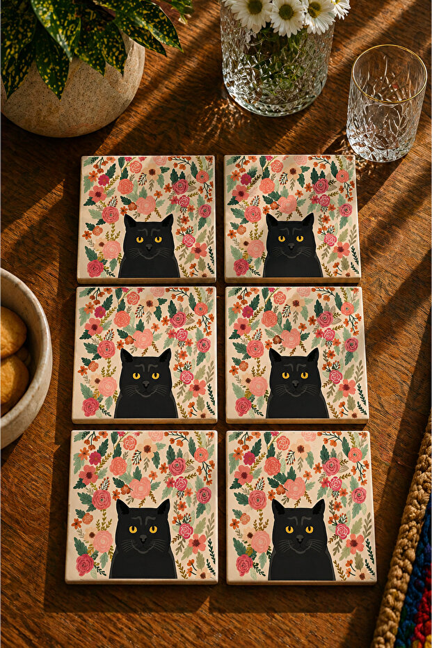 Cat Design Modern Set of 6 Coasters - Uv Printing Mdf - 10X10 cm