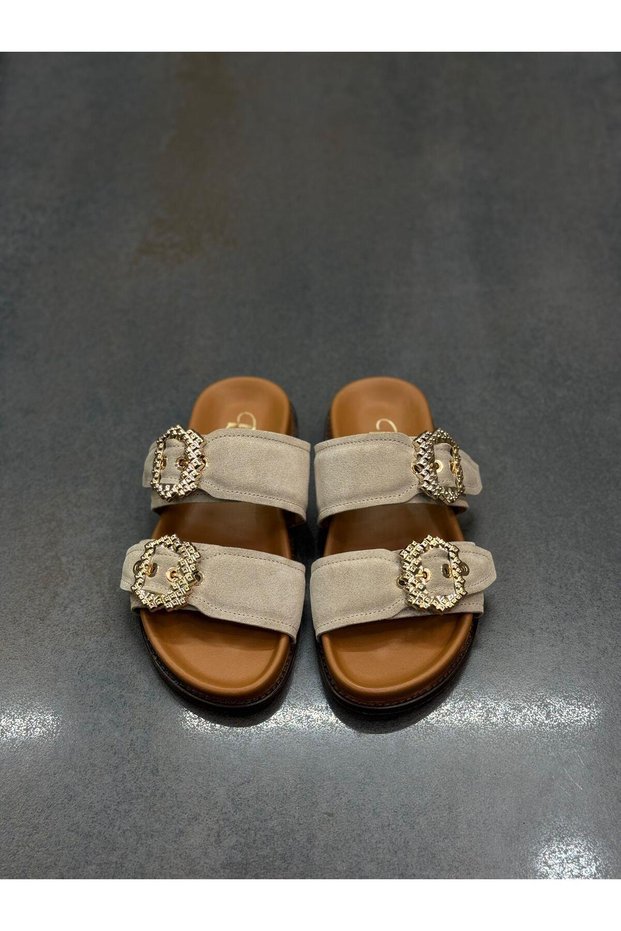 Elva Mink Suede Leather Buckle Women's Daily Slippers