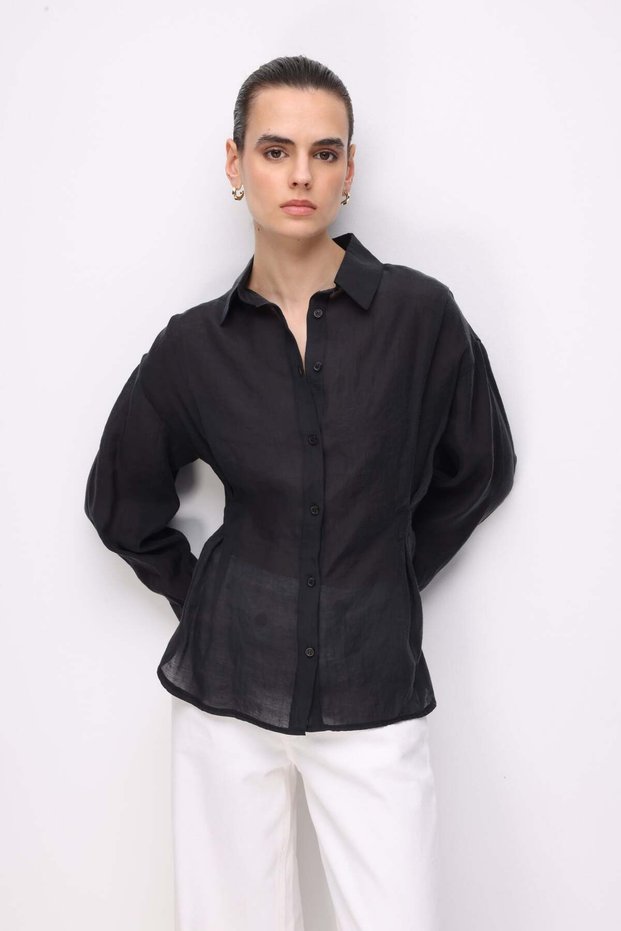 4846 Women's Waist-Fitted Lightly Transparent Basic Shirt Black