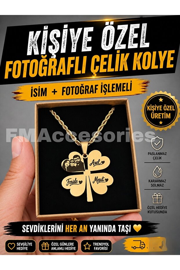 Çelik Yonca Kolye Fotoğraflı