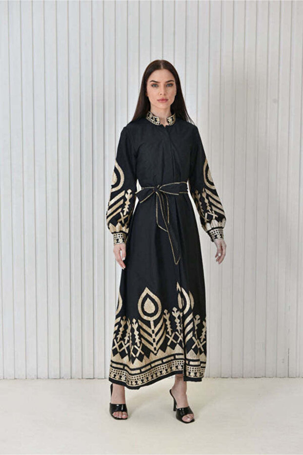 Linen Dress With Golden Embroidery
