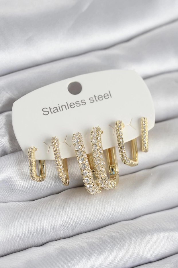 316L Steel Gold Color Set of 6 Women's Earrings with Zircon Stones