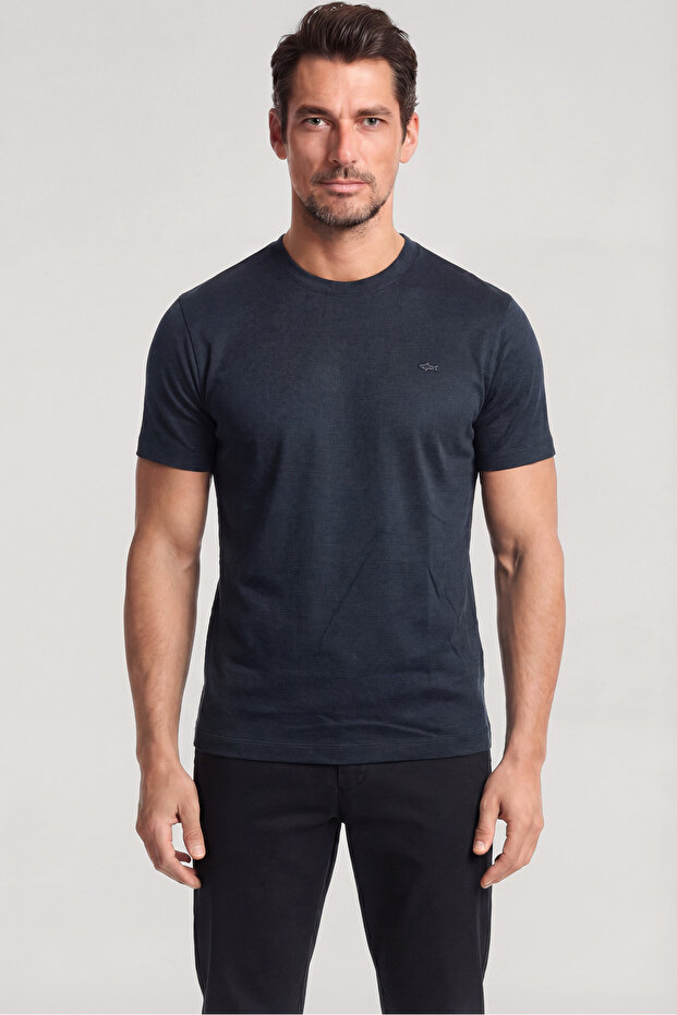 Men's Woven Fabric Plain Crew Neck Navy Blue T-Shirt