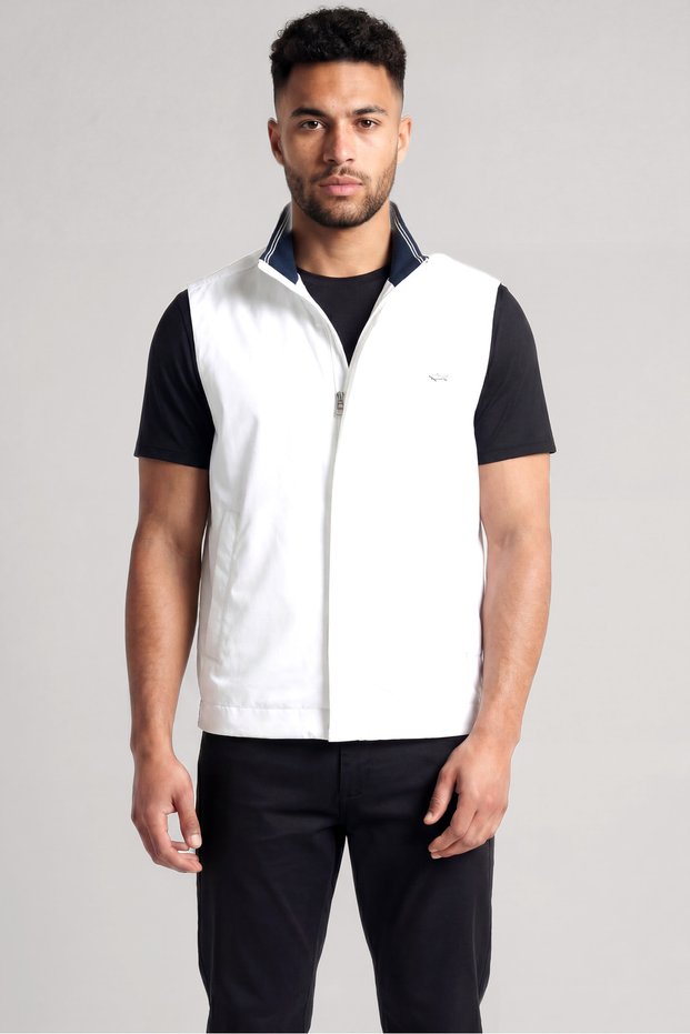 Men's Regular Fit White Vest with Sleeve Pocket Detail and Stand-Up Collar with Zipper