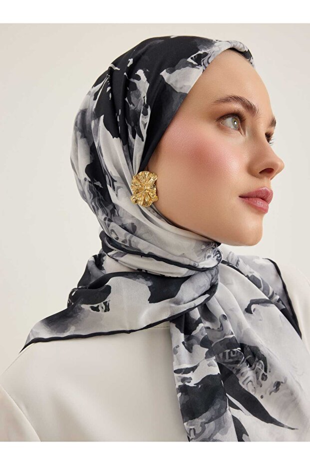 Gray Floral Patterned Soft Scarf - - 4