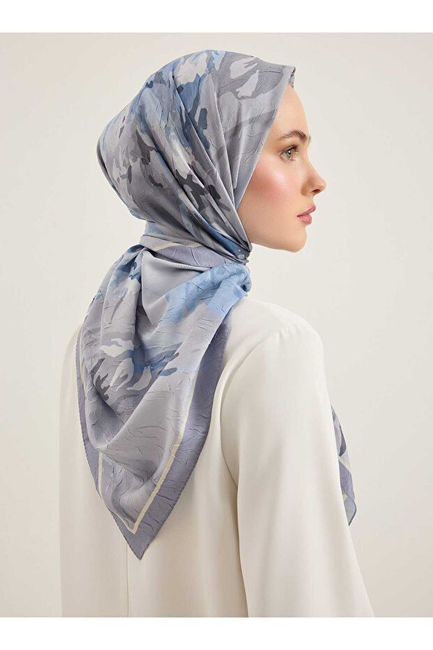 Kraşlı Gray Blue Patterned Scarf - - 5