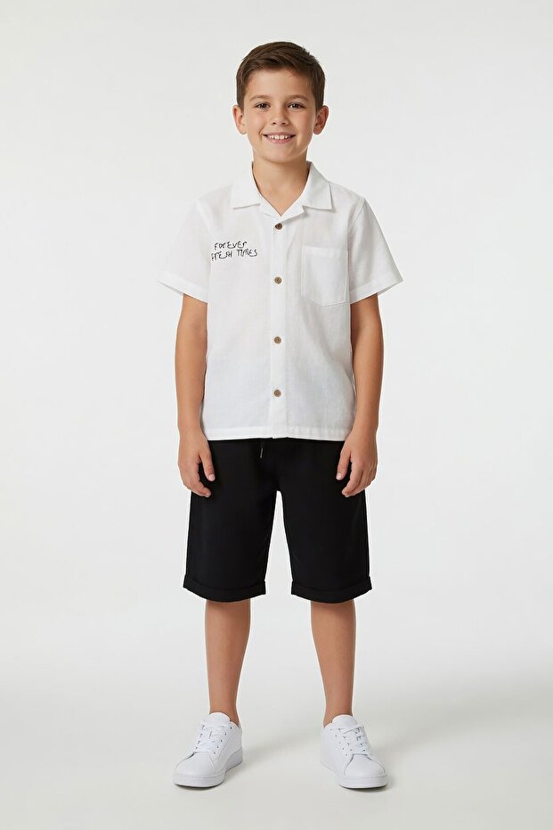 Ecru Summer Back-Printed Boys' Linen Shirt and Shorts 2 Sets 24038