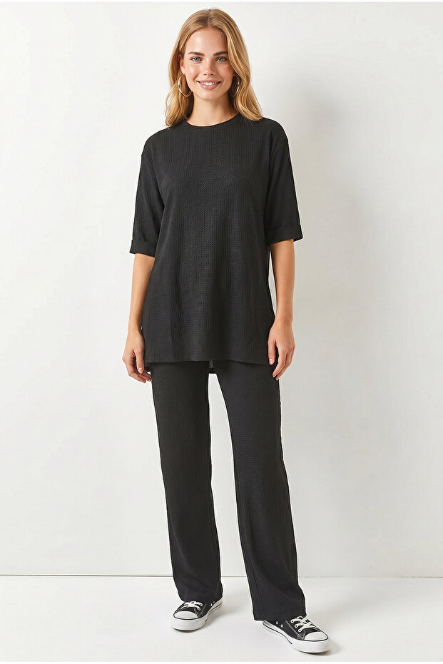 Women's Black Top and Bottom Knitted Set Tkm-19000495