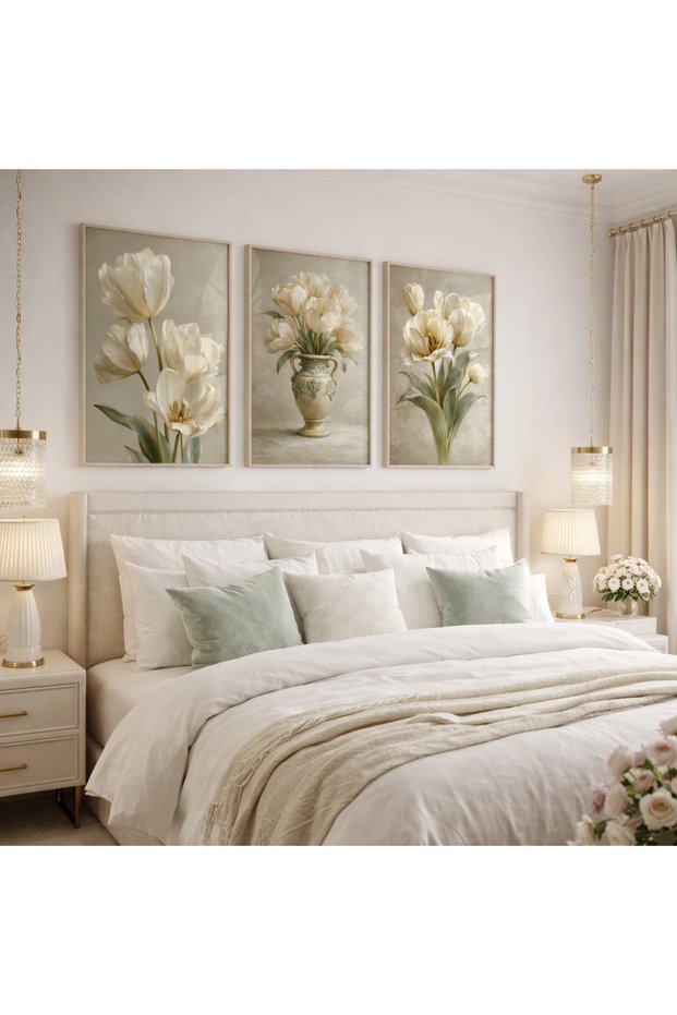 Wooden Framed 3-Piece Tulip Painting Set | Cream Beige Green Floral Modern Living Room Wall Decor