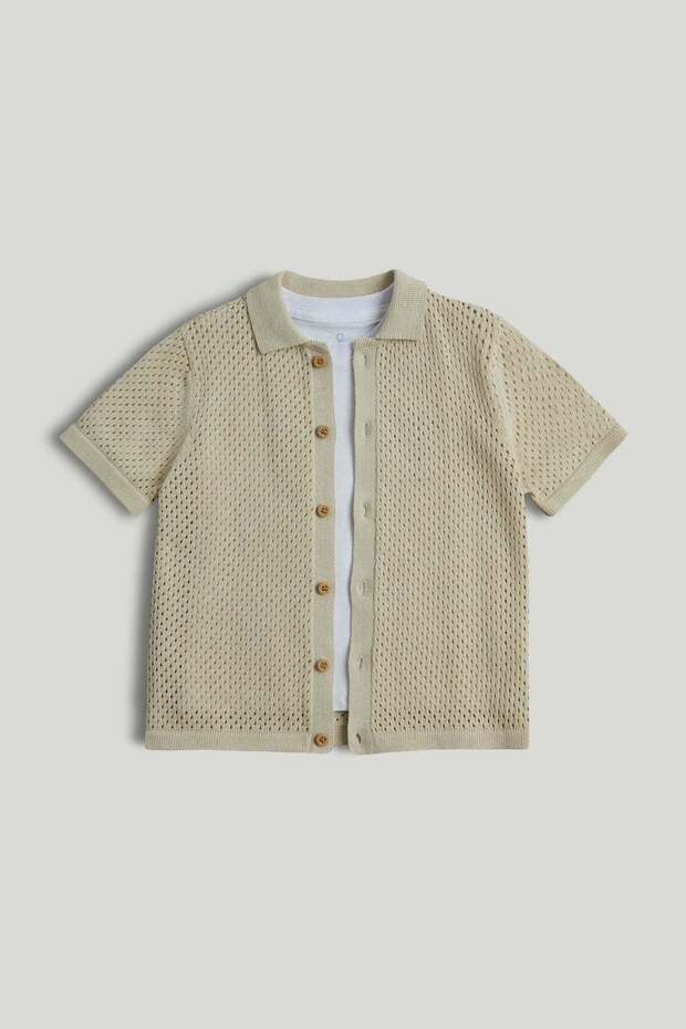 Beige Crochet Shirt and T-Shirt Set