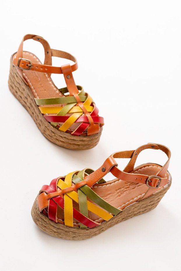 Zri̇n684-02 Premium Colorful Orthopedic Genuine Leather Padded Women's Sandals