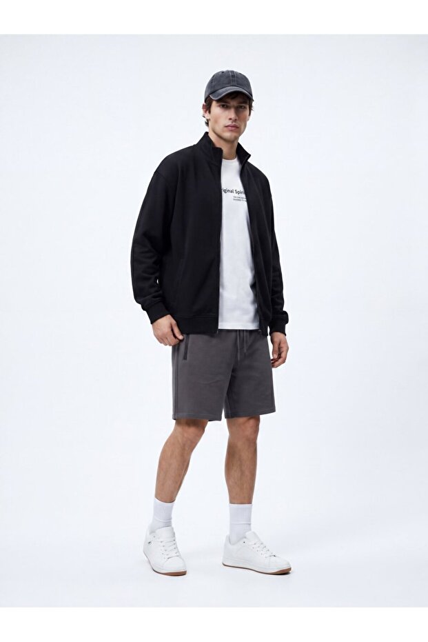 Zippered Basic Knitted Anthracite Shorts - 1