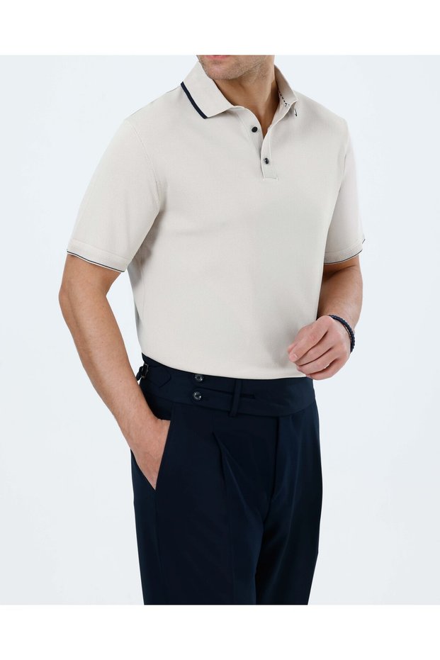 Italian Style Slim Fit Men's Polo Collar Short-Sleeved Knitwear T-Shirt Beige T20032-09
