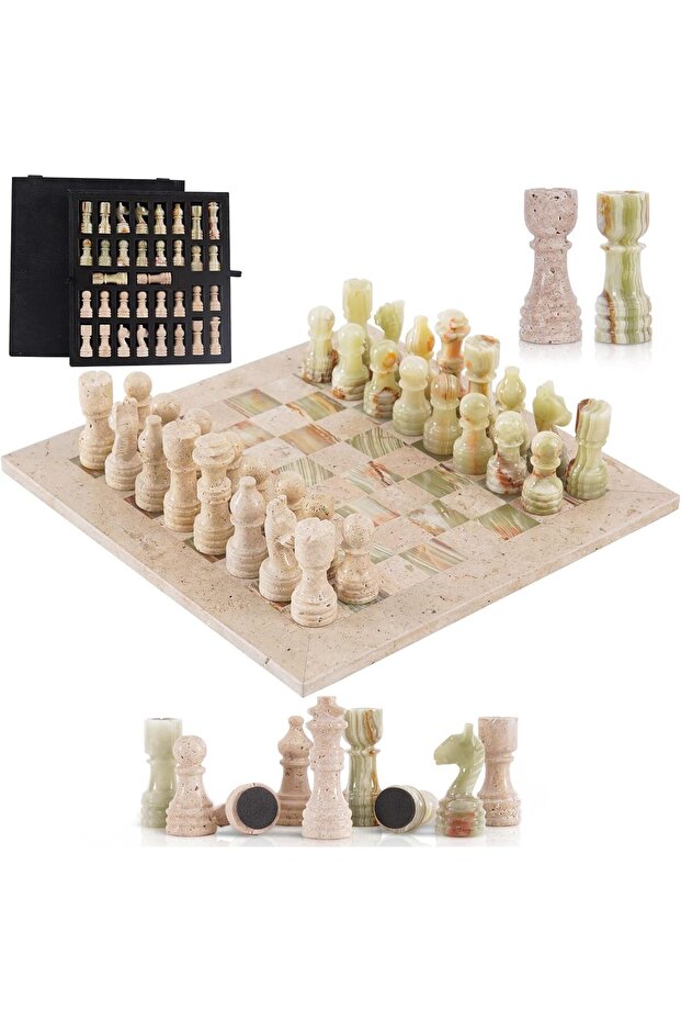 Marble Chess Set 12 Inch Handmade Travertine & Green Board Game - Tabletop & Home Décor