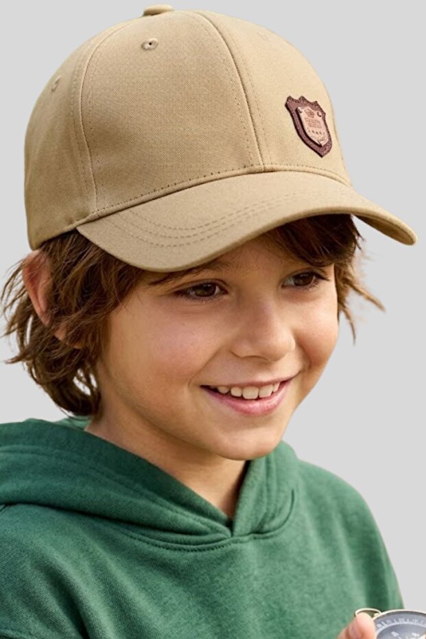Boy's Beige Leather Emblem Cotton Cap Hat