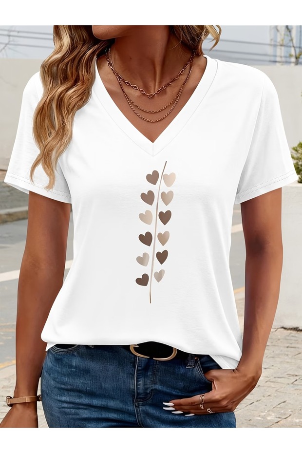 Women's Comfortable Fit V-Neck Tshirt Mixed Printed Tshirt