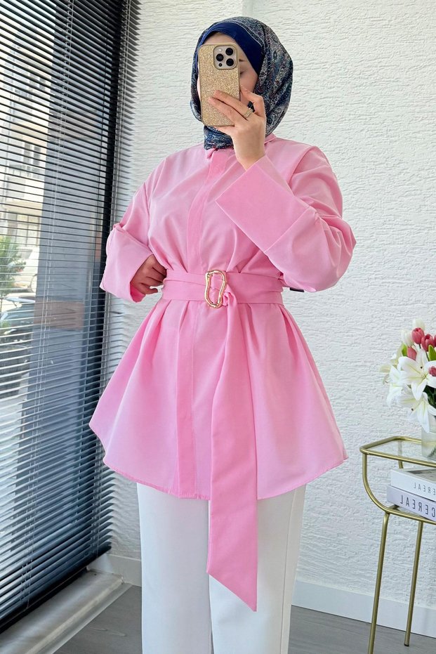 Bronch Detailed Wide Belted Poplin Tunic – Pink