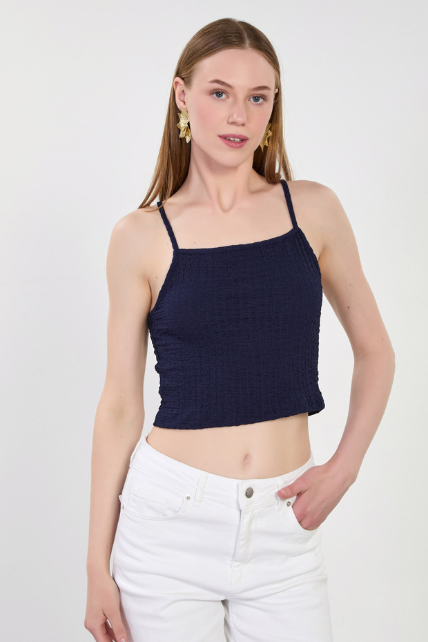 Women's Strappy Bubble Blouse - Navy Blue
