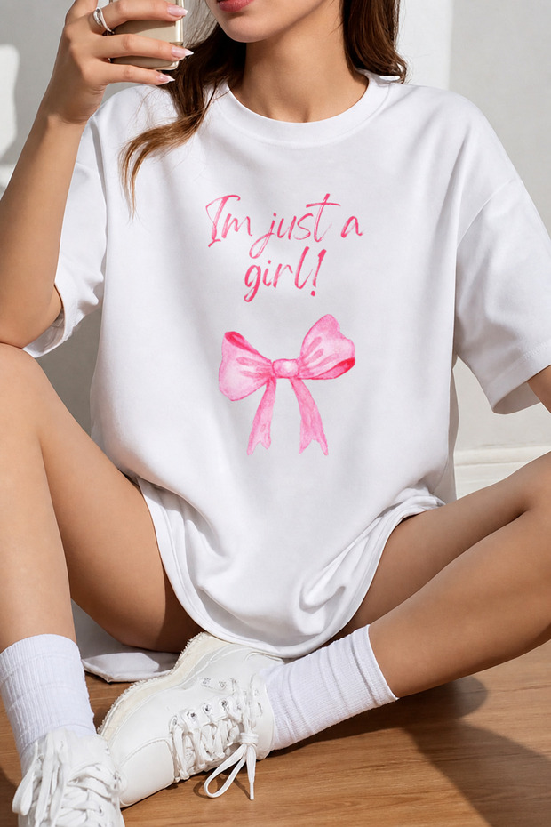 Women's Just a Girl Printed Oversize Comfortable Daily Use Combed Cotton T-Shirt