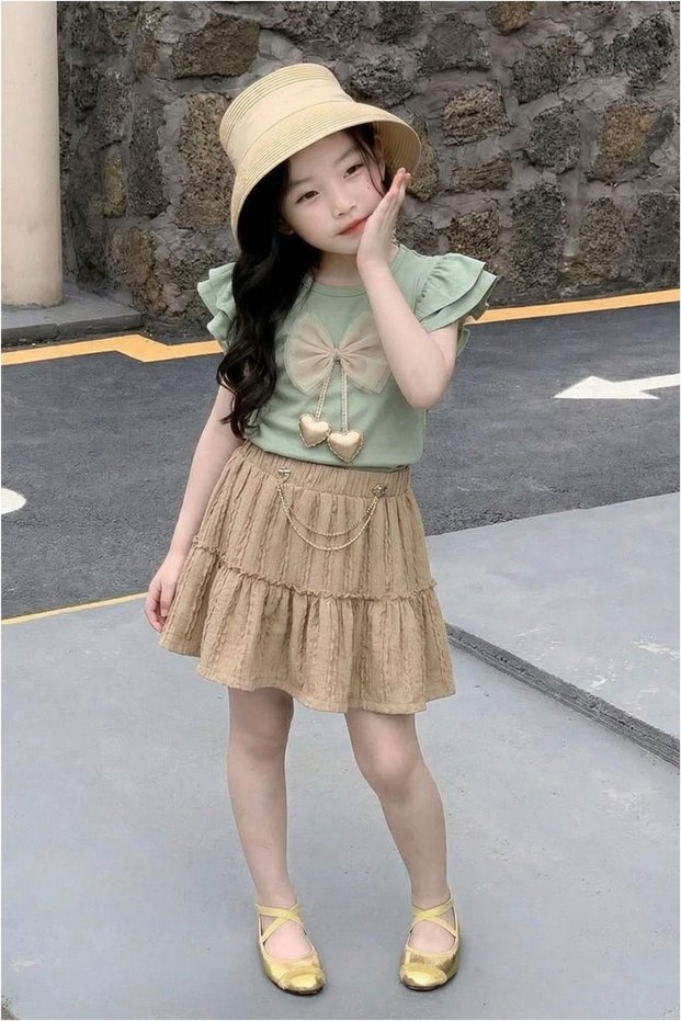 My Little Girl's Heart Pendulum Detailed Ruffle Skirt 2-Piece Set for Girls - Green