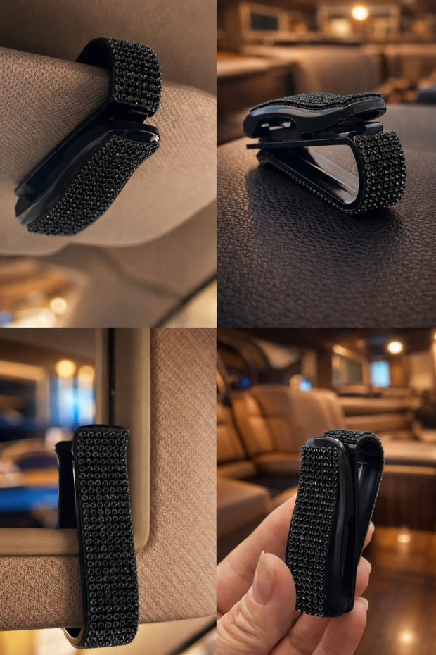 Special Car Glasses and Card Holder for Women, Black Crystal Stone, Sparkling Clip-On Sun Visor Organizer
