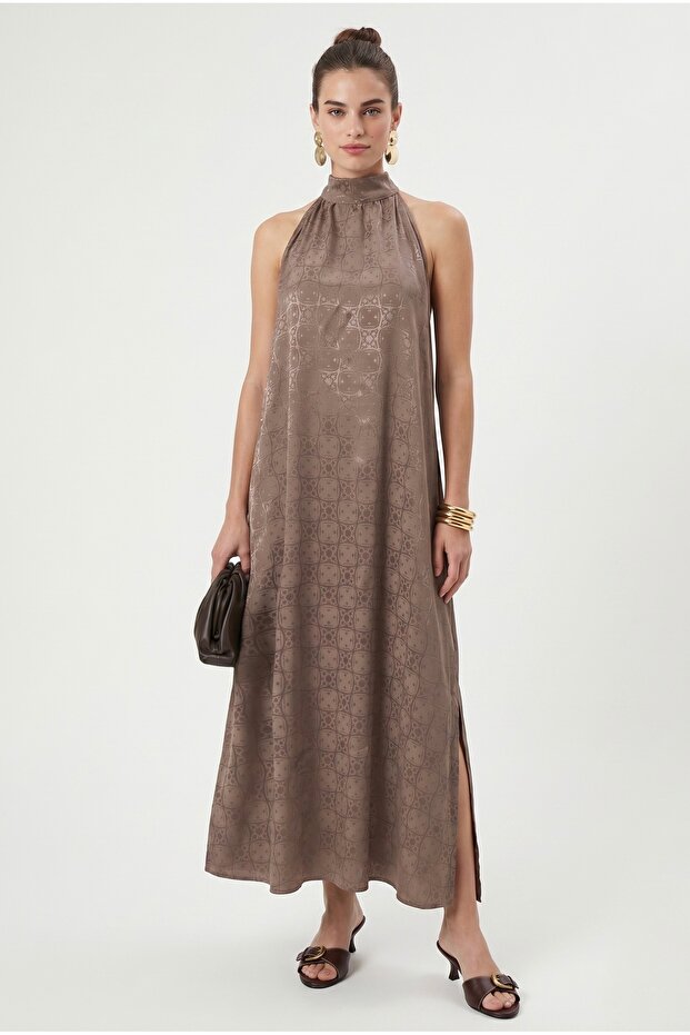 Women's Avery Silk Jacquard Halter Neck Long Mink Woven Stylish Dress with Elastic Back