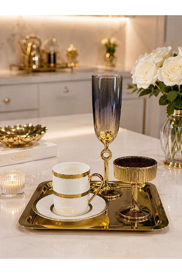 Gold Liva Coffee Presentation Set – Gold Coffee Cup, Turkish Coffee Cup, Coffee Saucer and Tray - Luxury Coffee Set