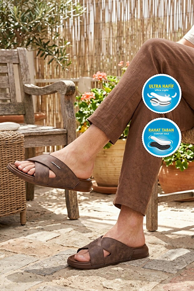 Brown Cross-Strapped Lightweight Men's Slippers Pc-7412 m