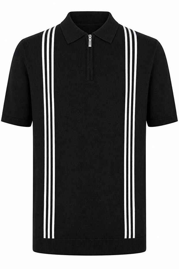 Half Zipper Black - White Men's Polo Collar T-Shirt 17439