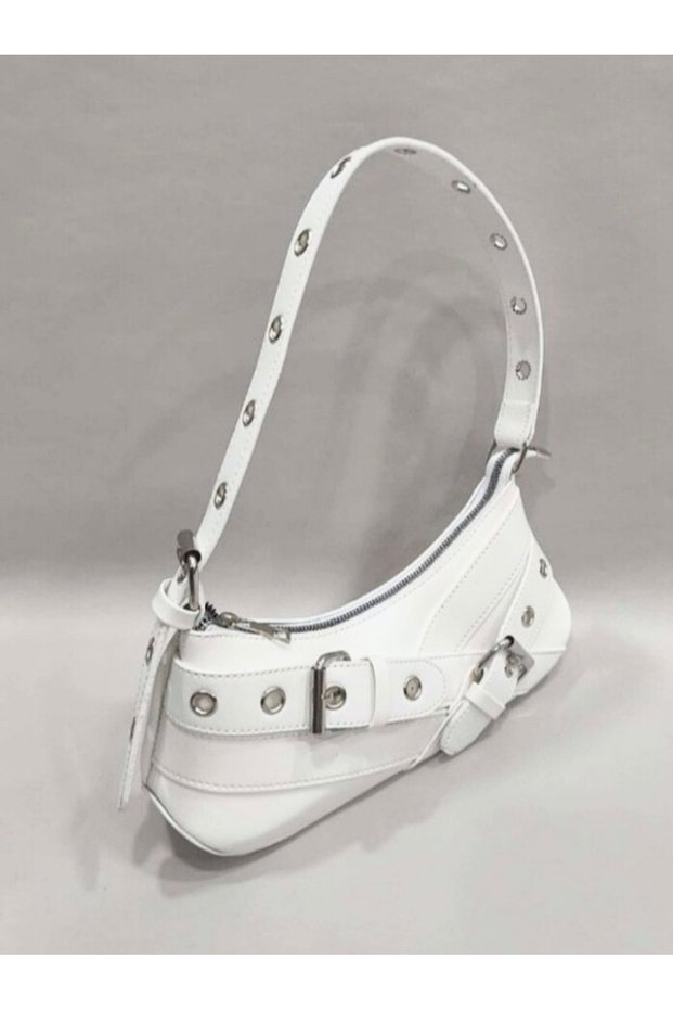 White Color Double Cross Belt Buckle Detailed Women's Shoulder Bag
