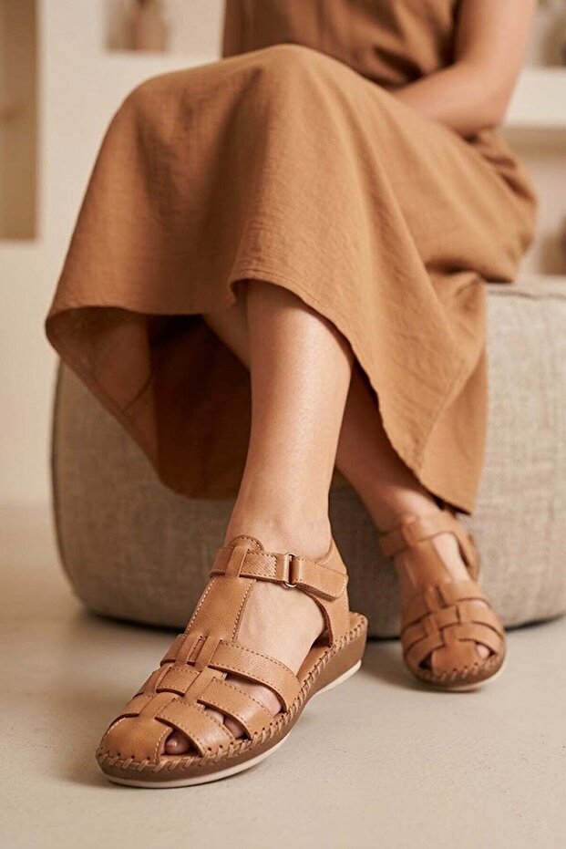 Elit Erlbay26018 Women's Genuine Leather Flat Sandals Brown