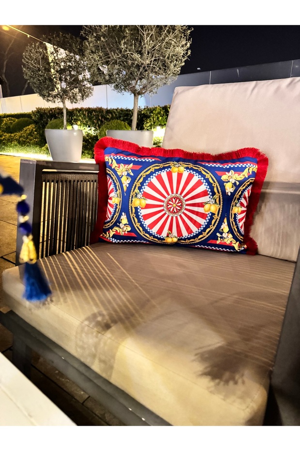 Positano Rectangular Throw Pillow Cover - Red Fringed