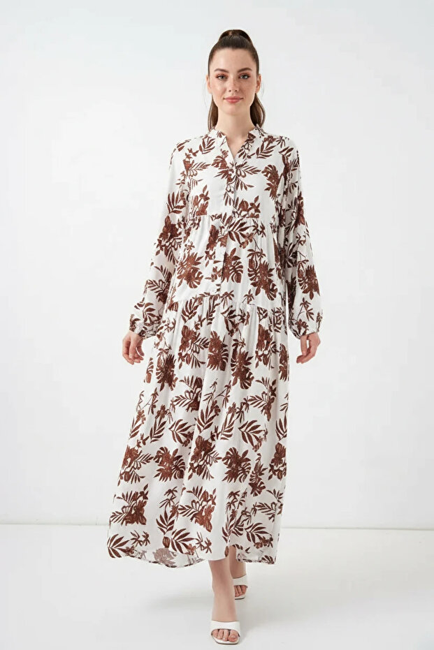 Women's Authentic Patterned Viscose Tan Hijab Dress