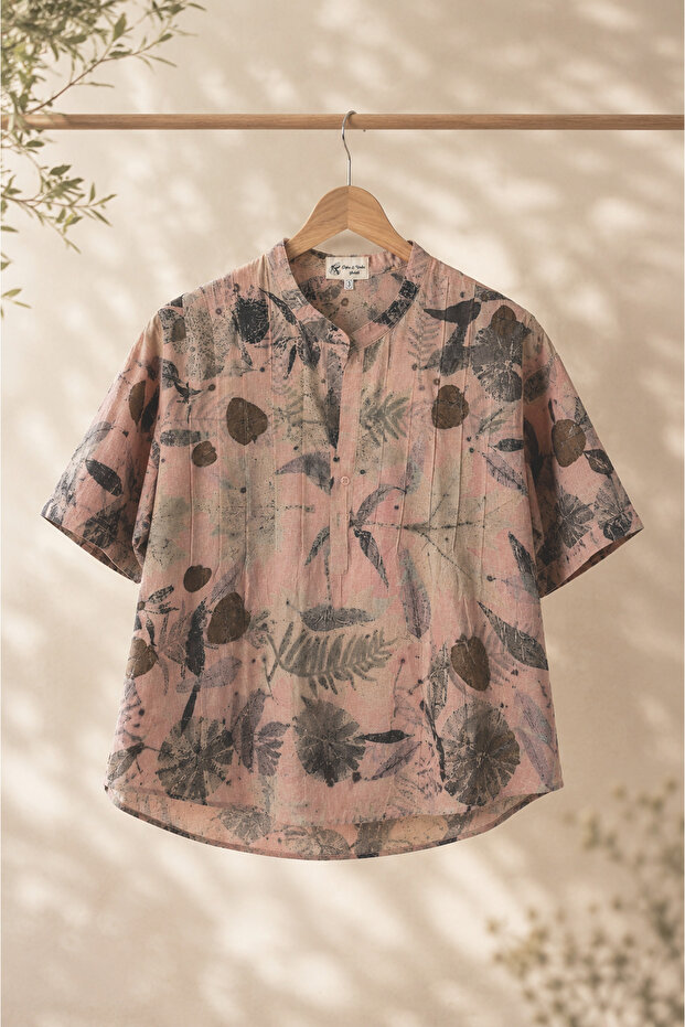 Botanica |   Handwoven 100% Cotton Ecoprint Shirt - Pink - Brown - 1103