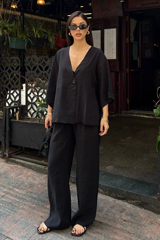 Women's Comfortable Fit V-Neck Shirt Pants Modal Woven Bottom Top Set