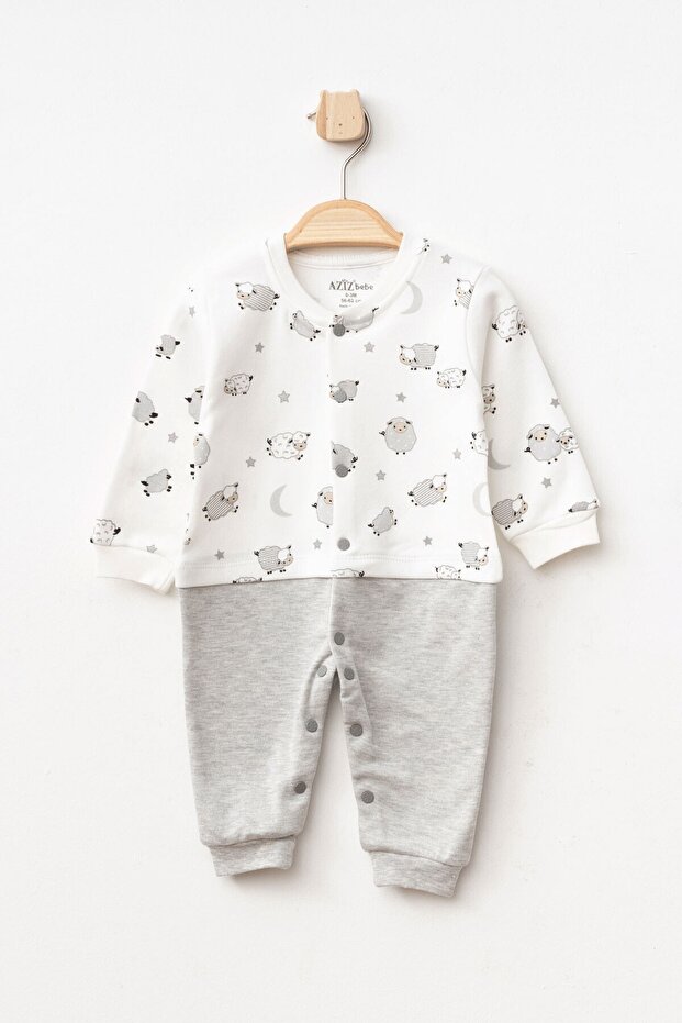 Baby Boy Lamb Patterned Jumpsuit with Snap Fasteners 0 Month - 6 Months