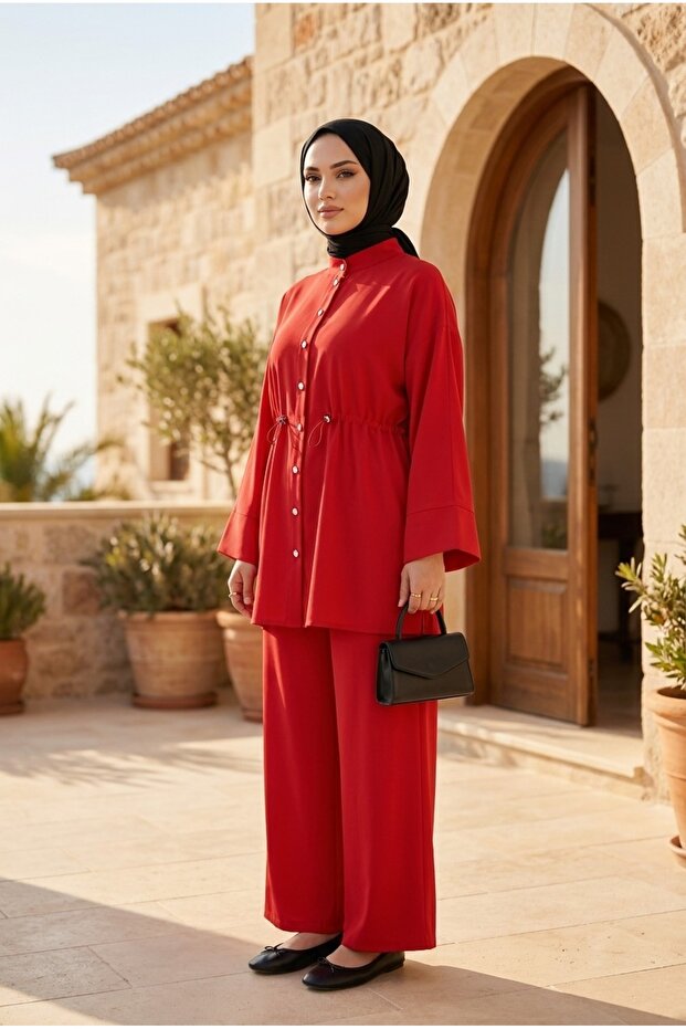 Women's Waist Gathered Stone Buttoned Hijab Double Set