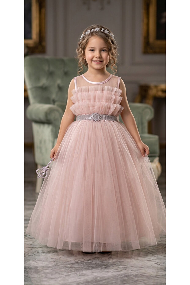 Crystal Belted Sheer Powder Tulle Wedding Dress & Gown
