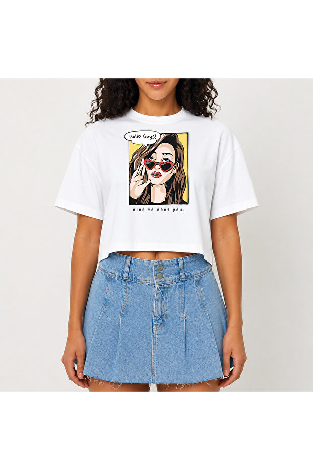 Crop T-Shirt White Printed Relaxed Fit Raw Cut Basic Short Tshirt
