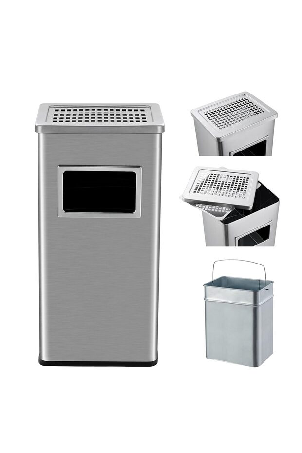 Stainless Steel Commercial Trash Can with Lid, 30L Square Garbage Bin with Removable Inner Bucket & Built-In Ashtray