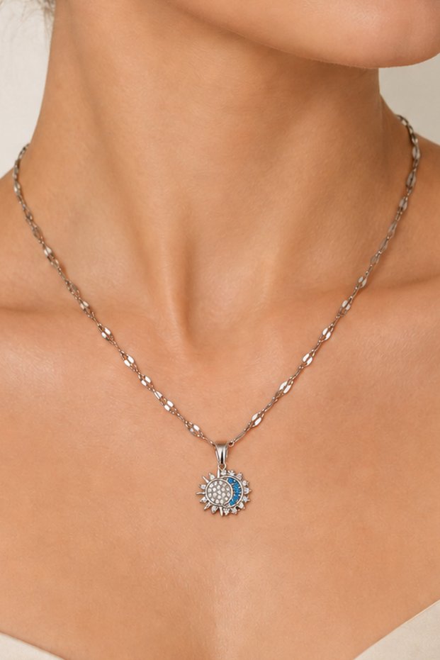 Silver Sun Moon Figured Stone Women's Steel Necklace