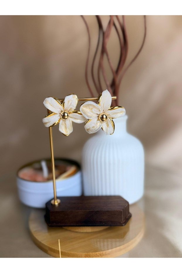 Cream Satin Flower Detail Summer Women's Design Earrings