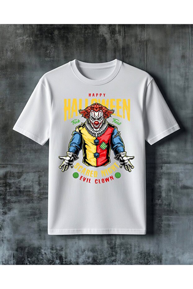 تي شيرت مطبوع عليه مهرج شرير من Happy Halloween Evil Clown مقاس كبير
